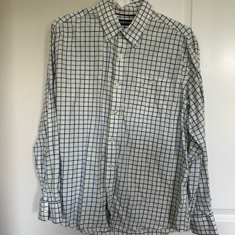 Orvis Men's White and Blue Plaid Shirt